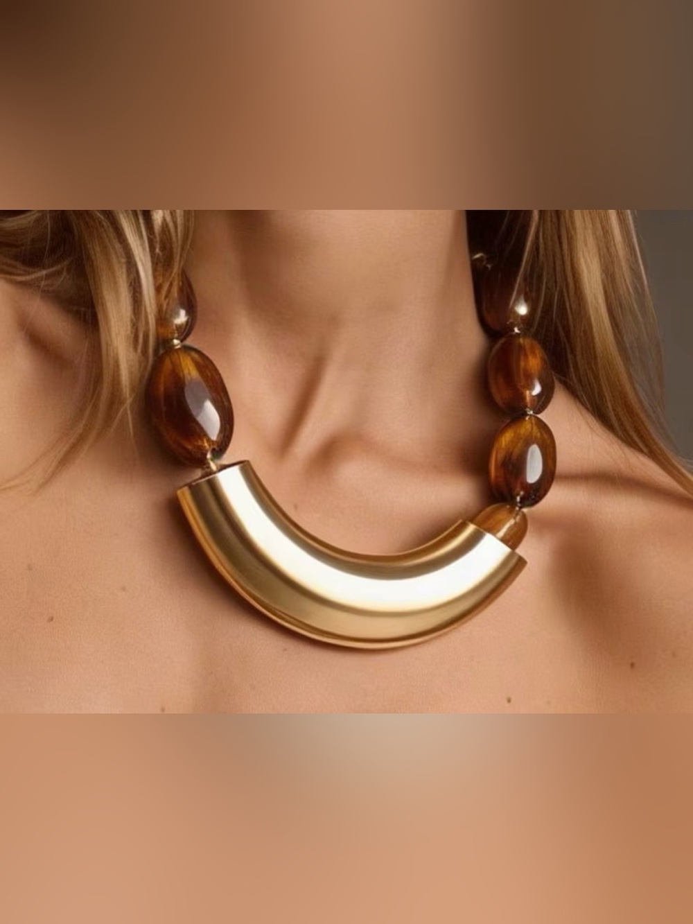 Gold Statement Necklace with Amber Beads - Designer